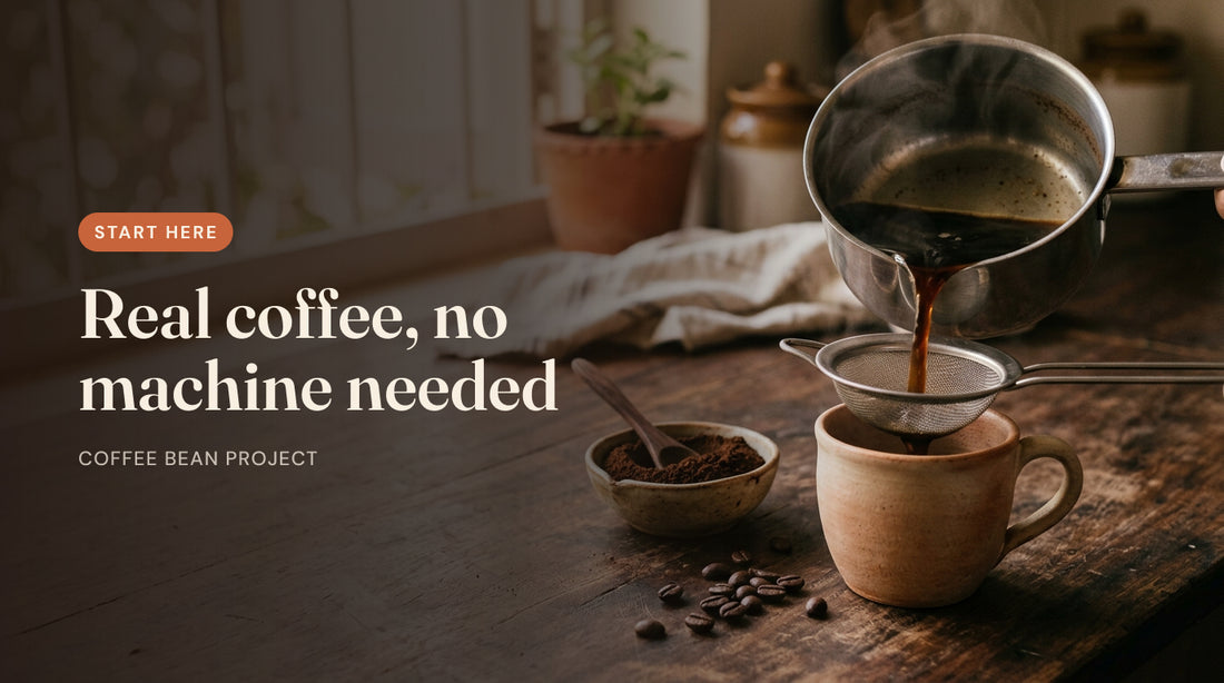 Real coffee without a machine: coffee poured from a saucepan through a tea strainer into a cup
