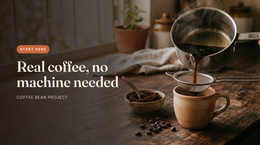 Real coffee without a machine: coffee poured from a saucepan through a tea strainer into a cup