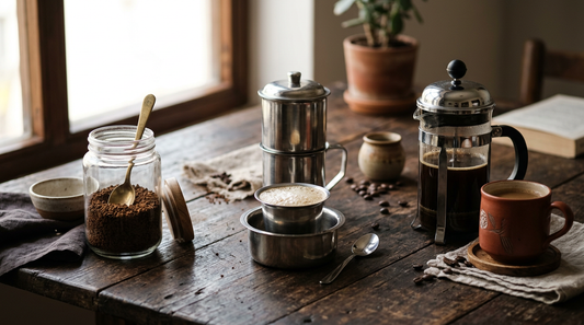 Instant coffee jar, South Indian steel filter with tumbler, and a French press side by side on a wooden table