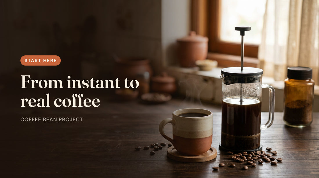 From instant to real coffee: French press and a mug of fresh coffee on a wooden kitchen table