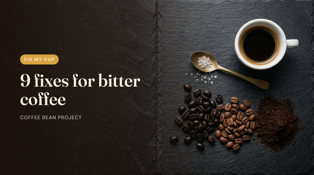 9 fixes for bitter coffee: espresso cup, salt and coffee beans on dark slate, seen from above